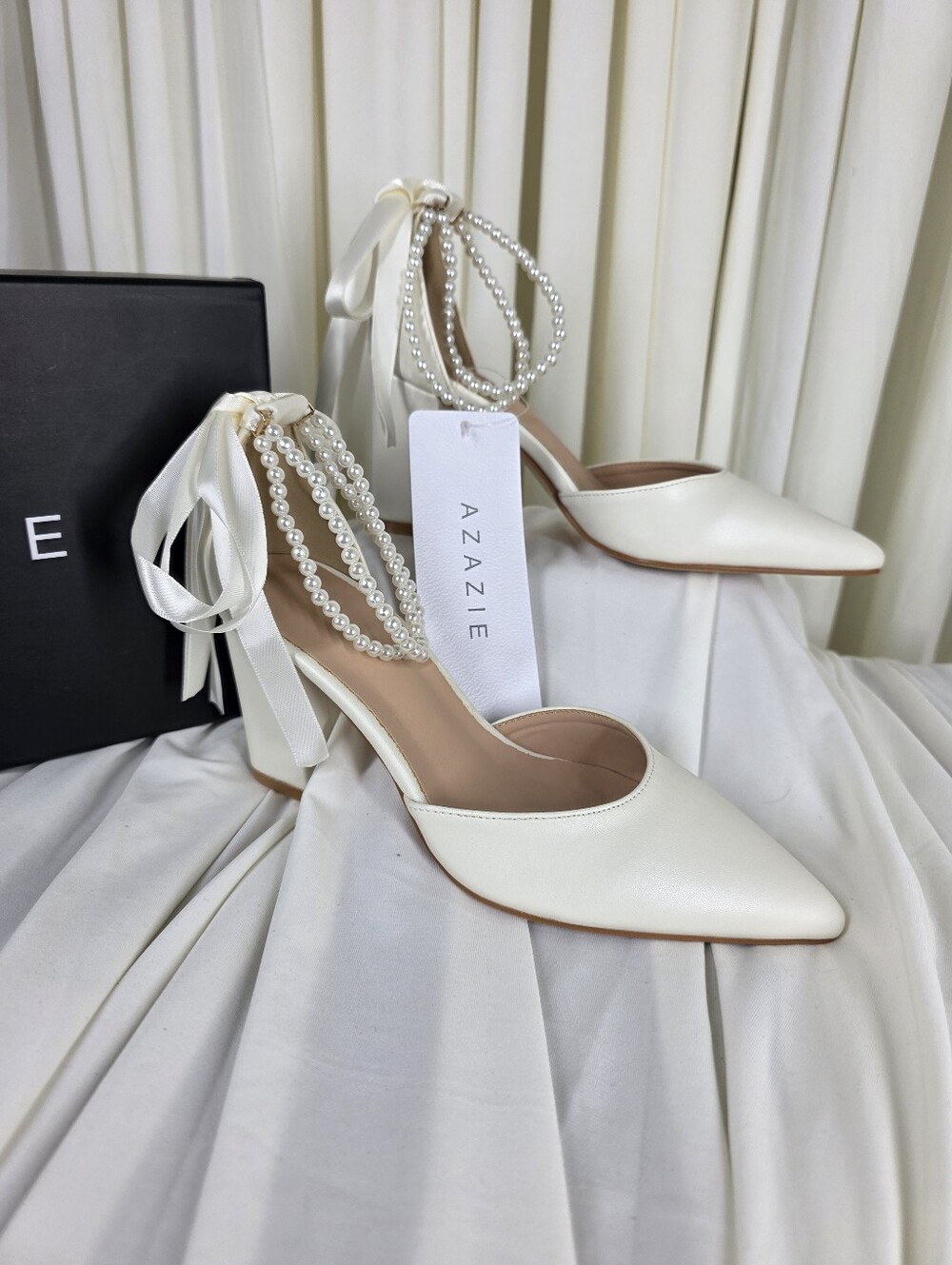 Azazie PEARL BOW ANKLE STRAP PUMPS
